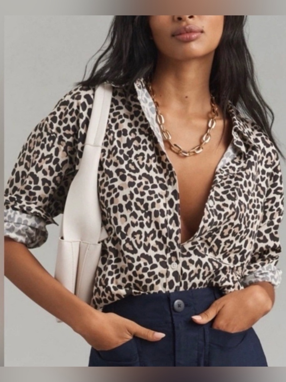 Maeve by Anthropologie Leopard Print Button Down Oversized Top Size XS